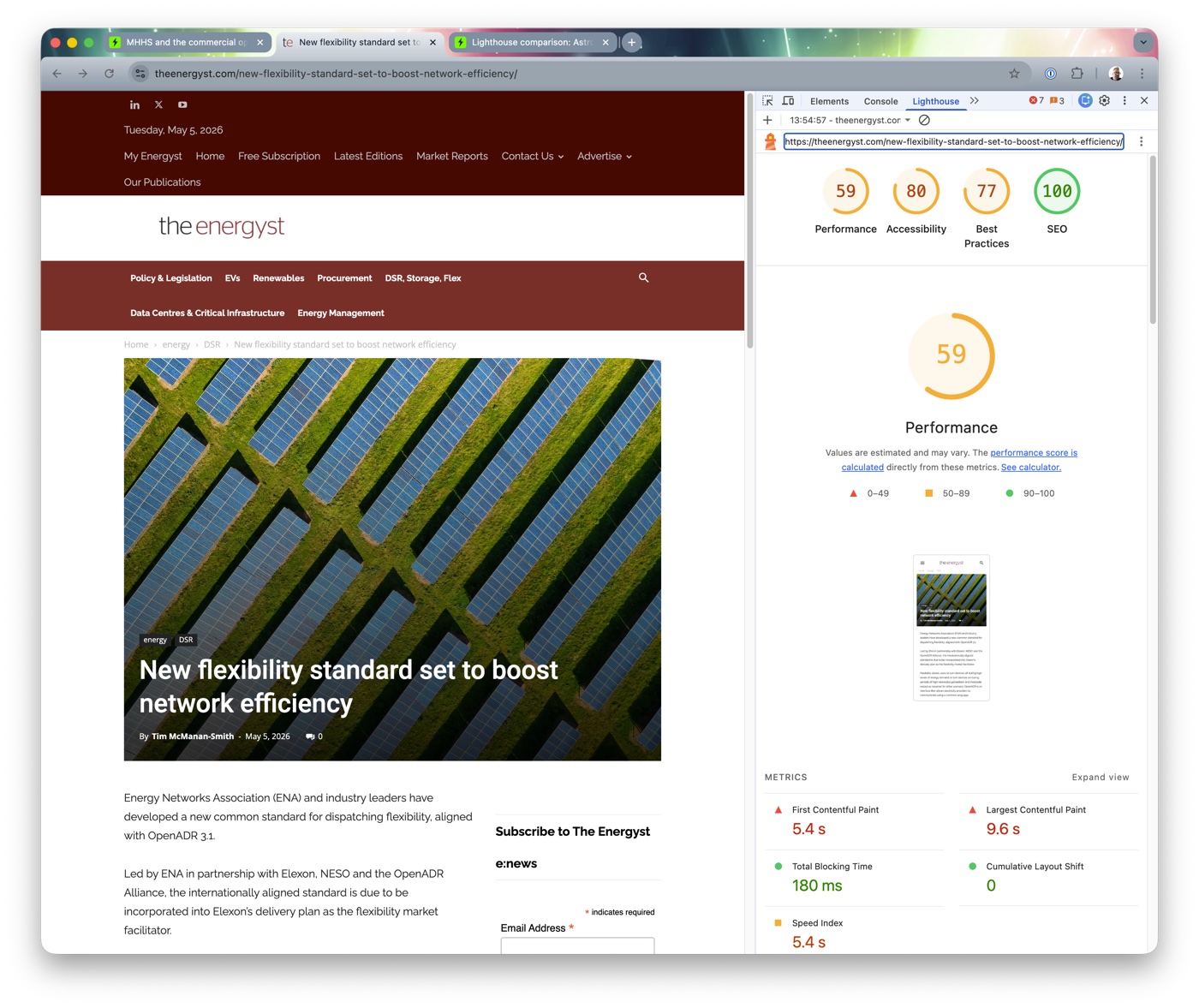 Lighthouse report for The Energyst: Performance 59, Accessibility 80, Best Practices 77, SEO 100. LCP 9.6s, TBT 180ms.