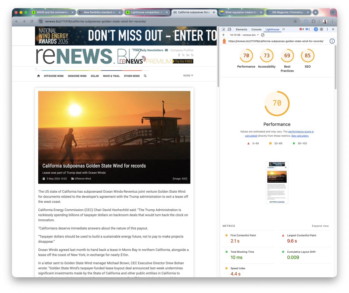 Lighthouse report for reNews: Performance 70, Accessibility 73, Best Practices 69, SEO 85. LCP 9.6s, TBT 10ms, CLS 0.009.